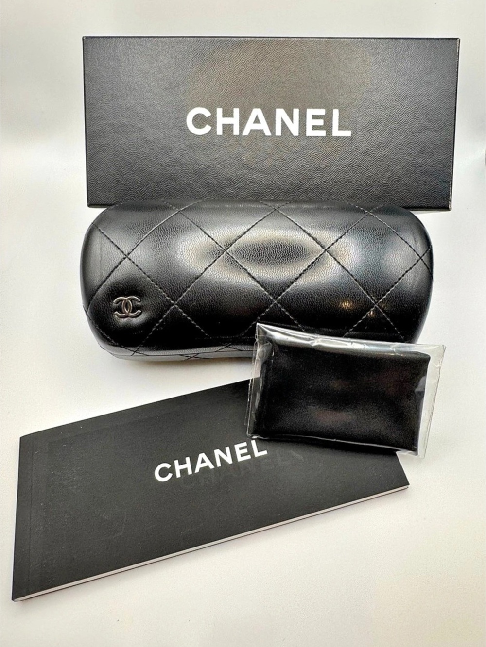 CHANEL Quilted Sunglass Case Black Leather Box Cloth Booklet Set - Authentic